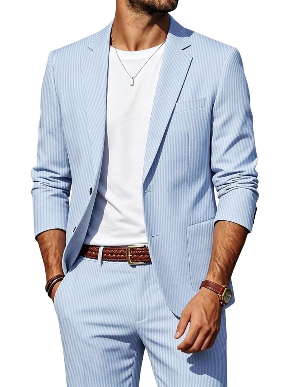Stylish Men's 2-Piece Summer Suit Set - Casual Striped Jacket & Pants Outfit